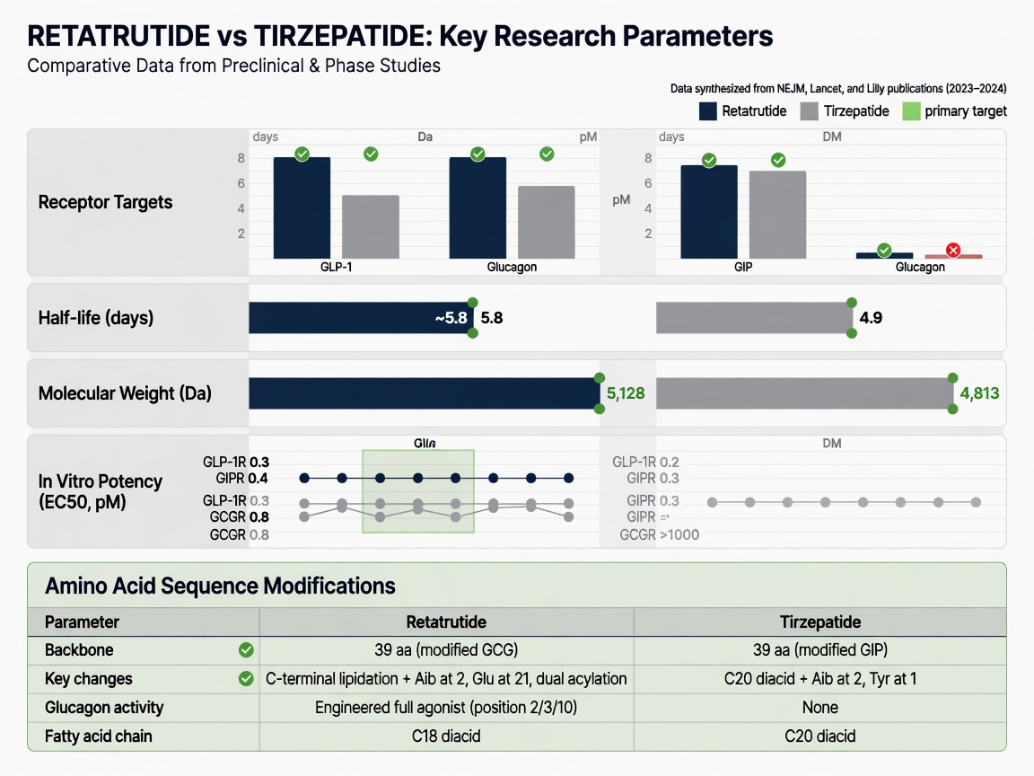 Comparison chart of retatrutide versus tirzepatide receptor targets and potency metrics