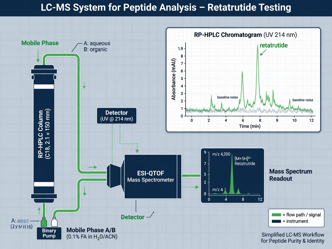 LC-MS and RP-HPLC schematic with chromatogram showing retatrutide peptide analysis
