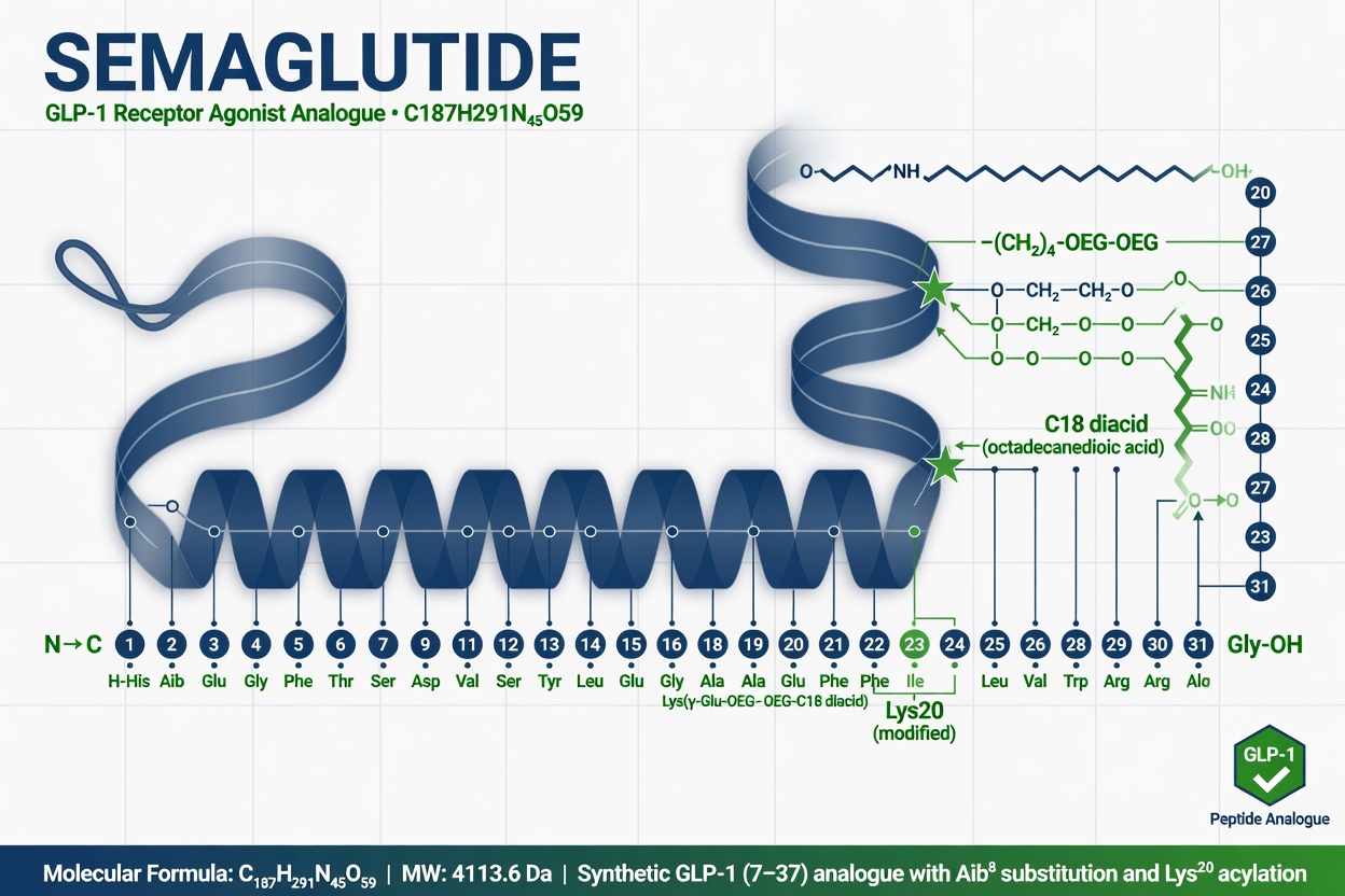 Infographic showing molecular structure of semaglutide peptide with labeled amino acid sequence and lipid side chain.