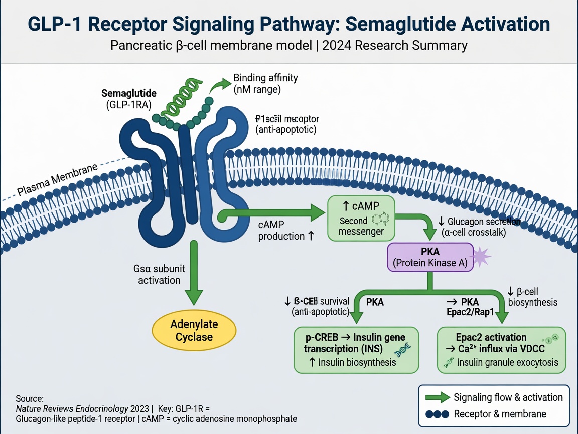 Diagram of GLP-1 receptor signaling pathway with semaglutide peptide binding and intracellular cascade.