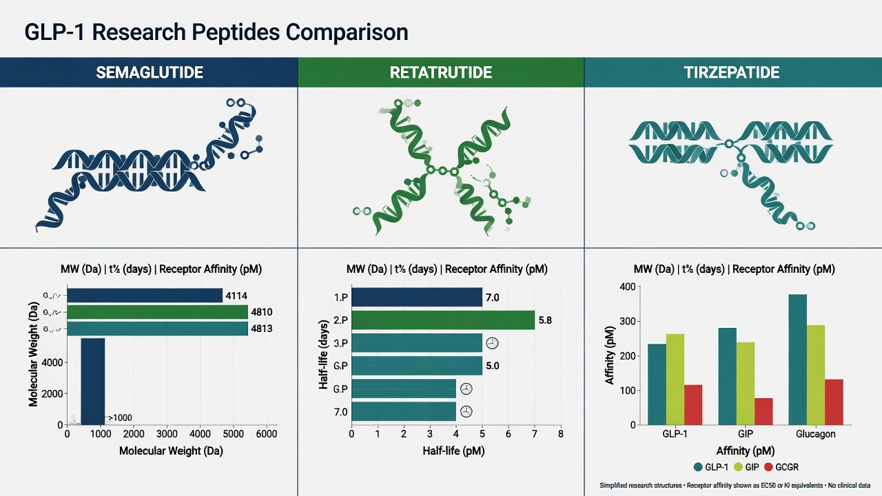 Comparison chart of semaglutide, retatrutide, and tirzepatide showing molecular structures and receptor affinities.
