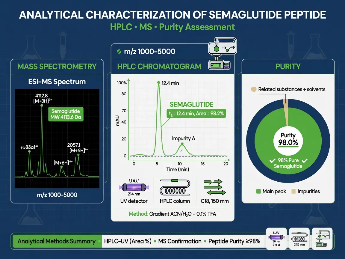 Infographic of HPLC chromatogram and mass spectrometry data for semaglutide peptide purity analysis.