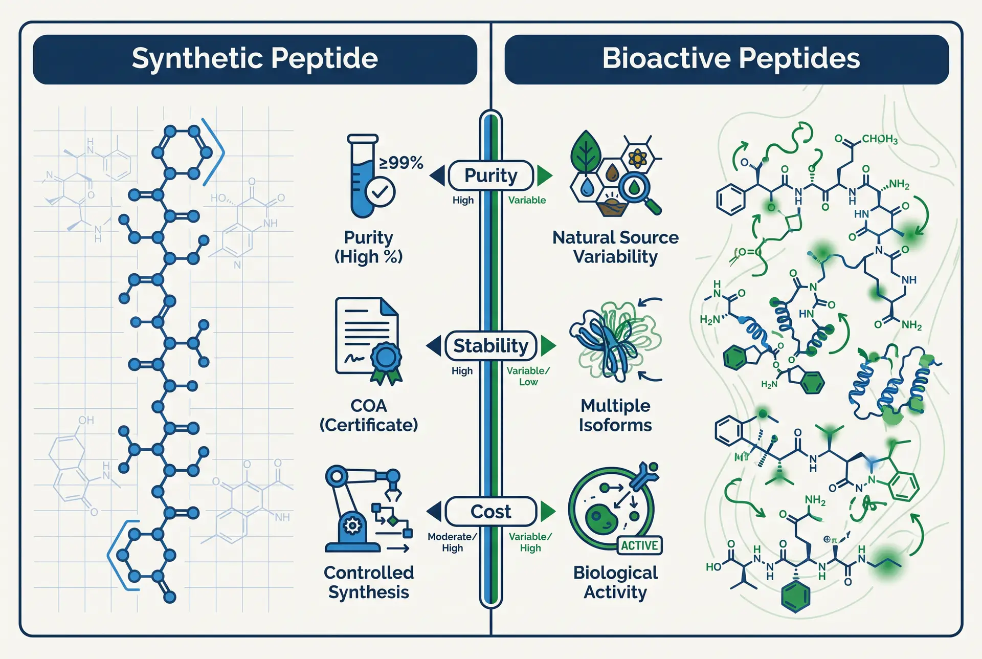 Infographic comparing synthetic peptides and bioactive peptides side-by-side showing purity, sourcing, and molecular differences.