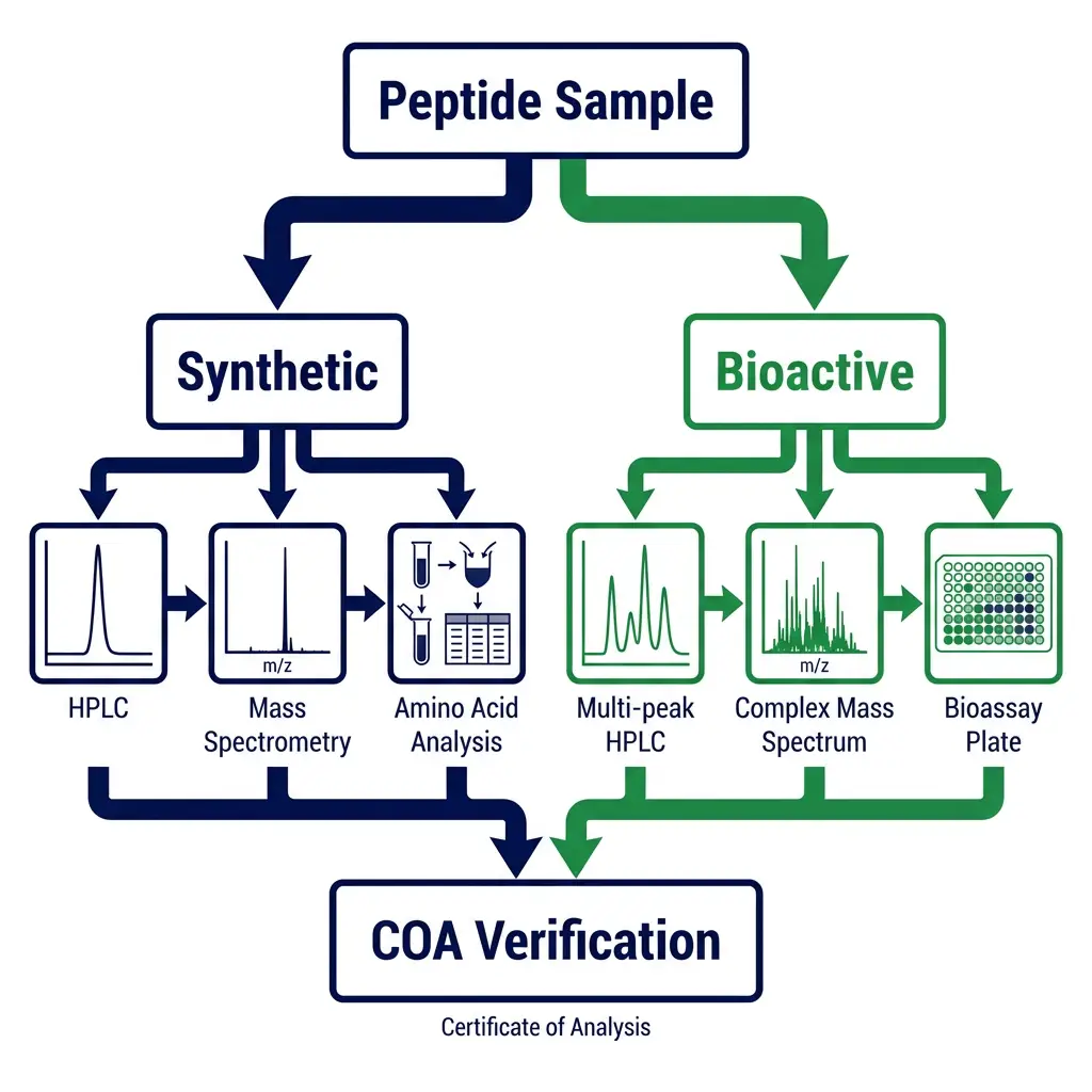 Flowchart showing analytical methods HPLC, mass spectrometry, and bioassays for verifying synthetic and bioactive peptides.