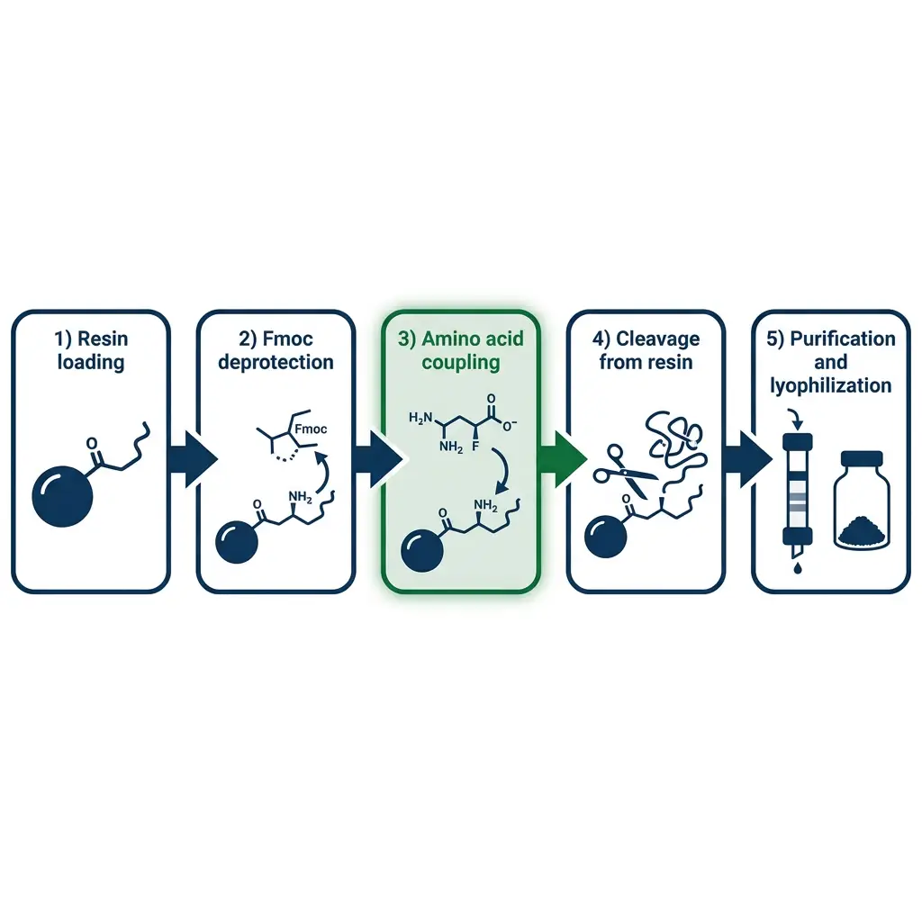 Step-by-step infographic of solid-phase peptide synthesis from resin loading to purification and lyophilization.