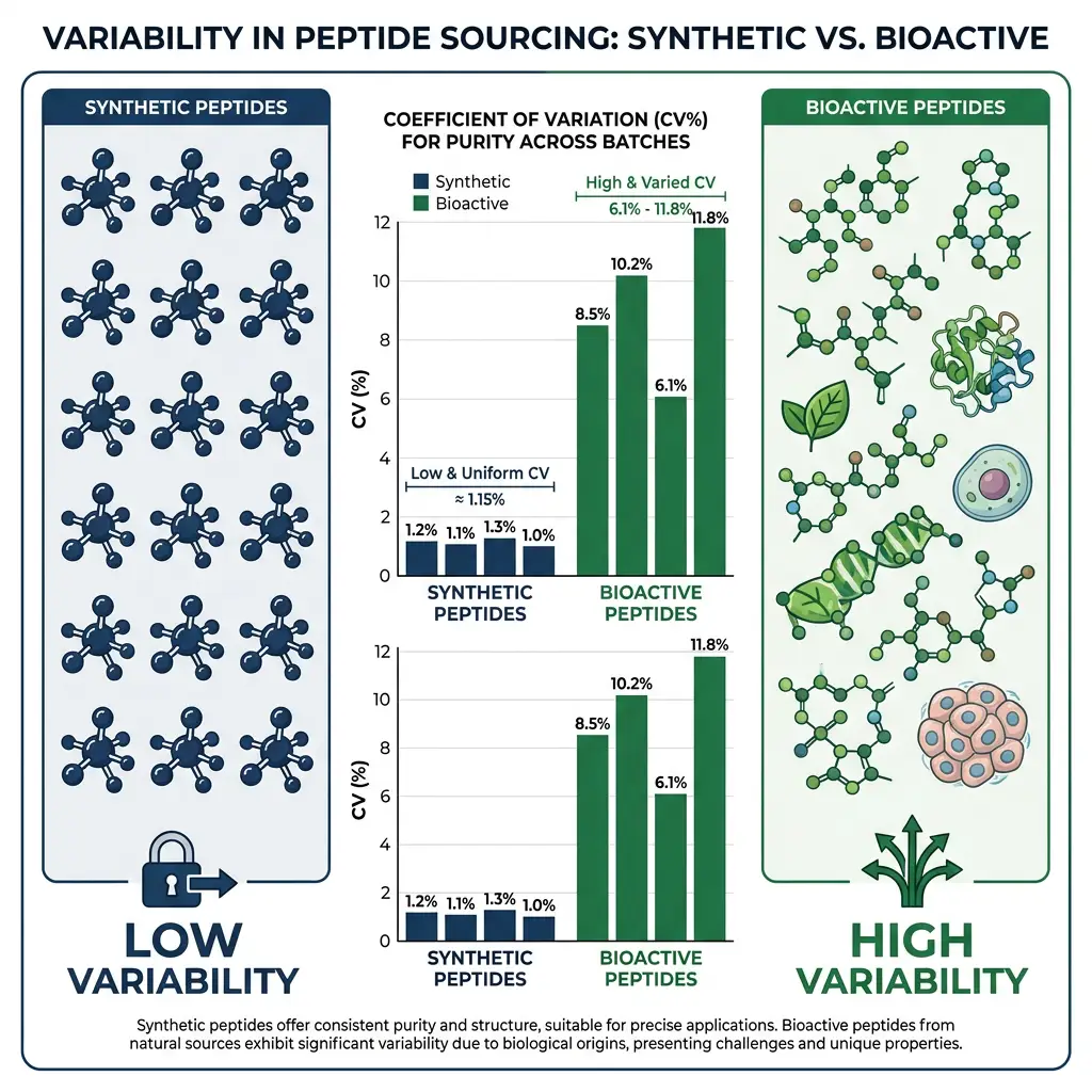 Infographic showing low variability of synthetic peptides versus high variability of bioactive peptides from natural sources.