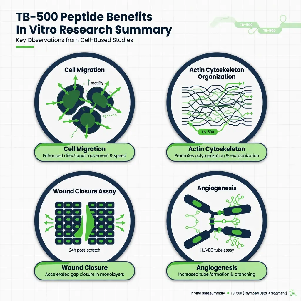 Four icons summarizing TB-500 peptide research benefits in vitro
