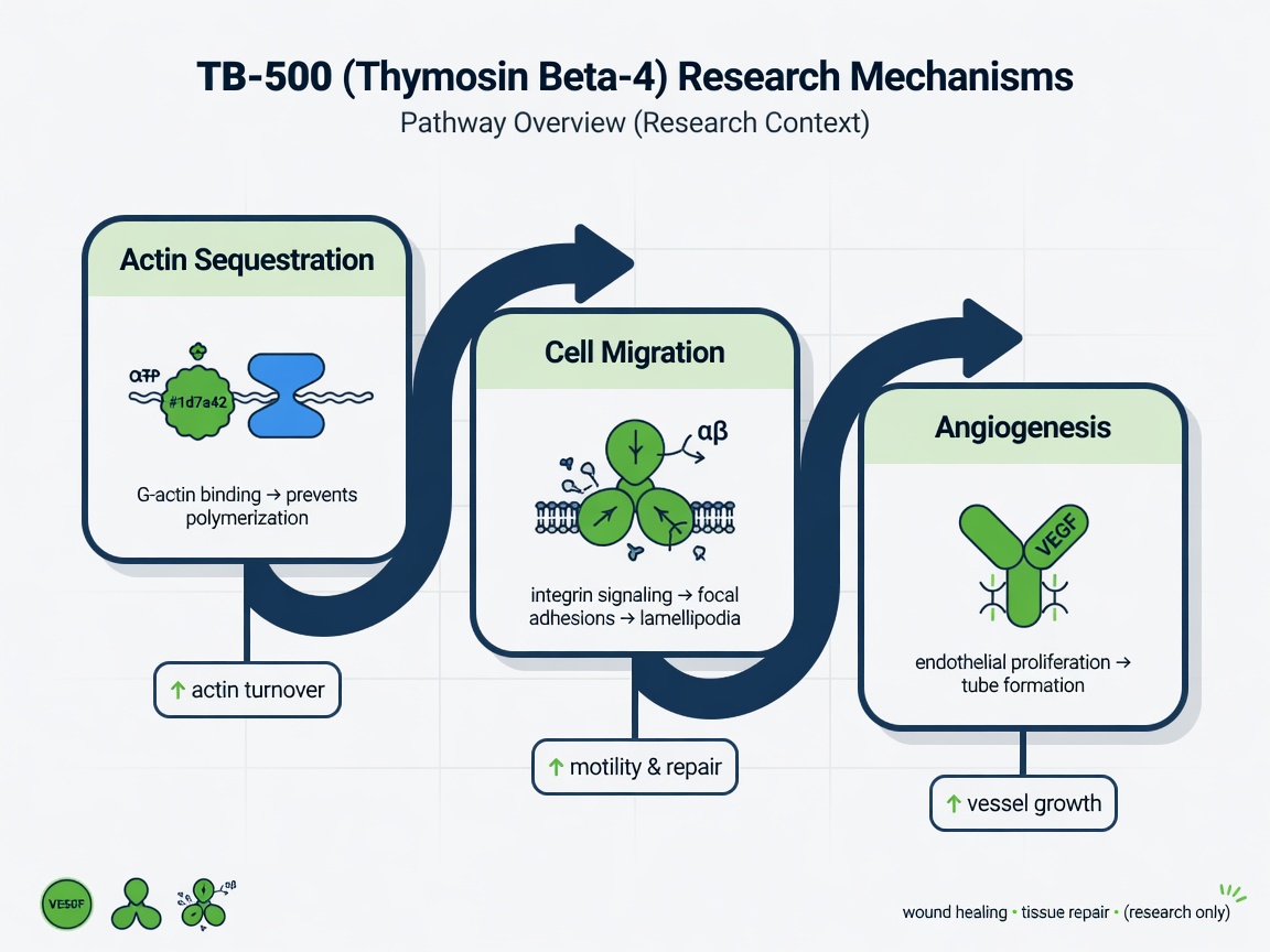 Pathway diagram showing TB-500 mechanisms including actin binding, cell migration, and angiogenesis in navy and green.