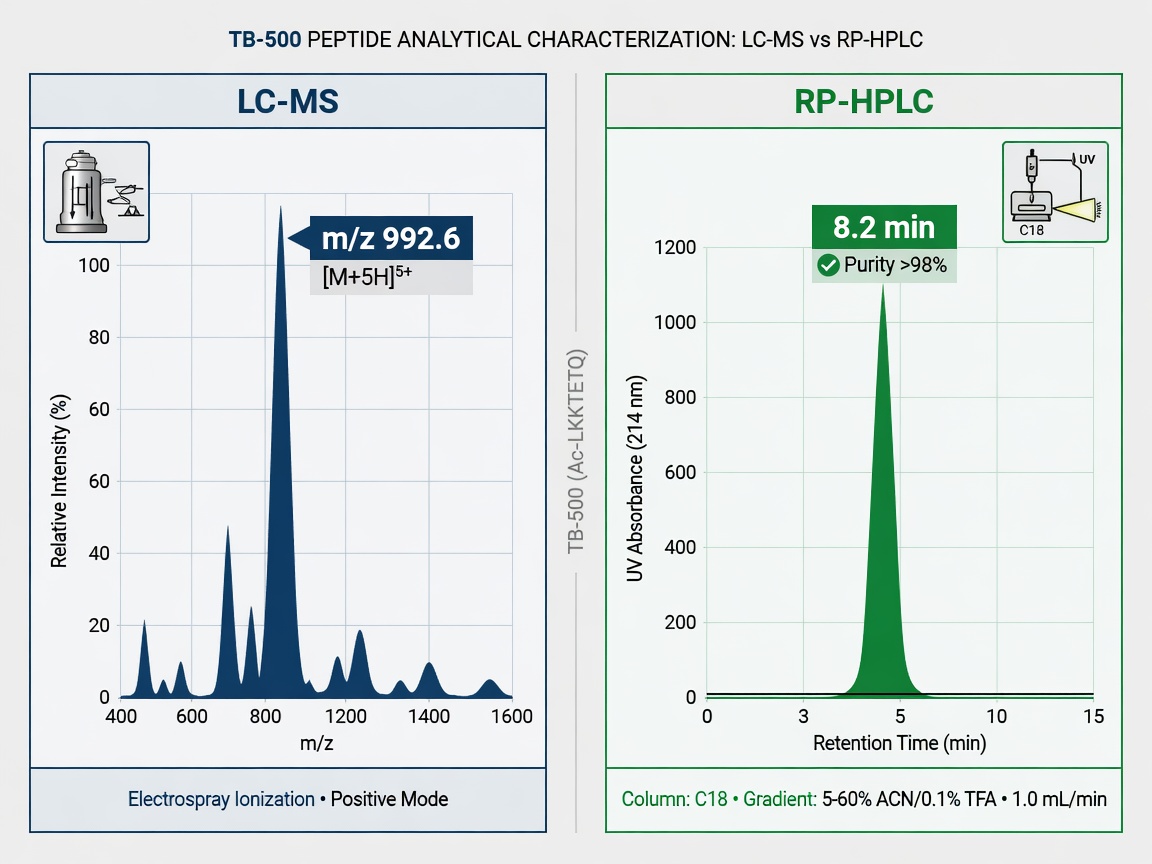 LC-MS mass spectrum and RP-HPLC chromatogram for TB-500 peptide purity analysis in navy and green.