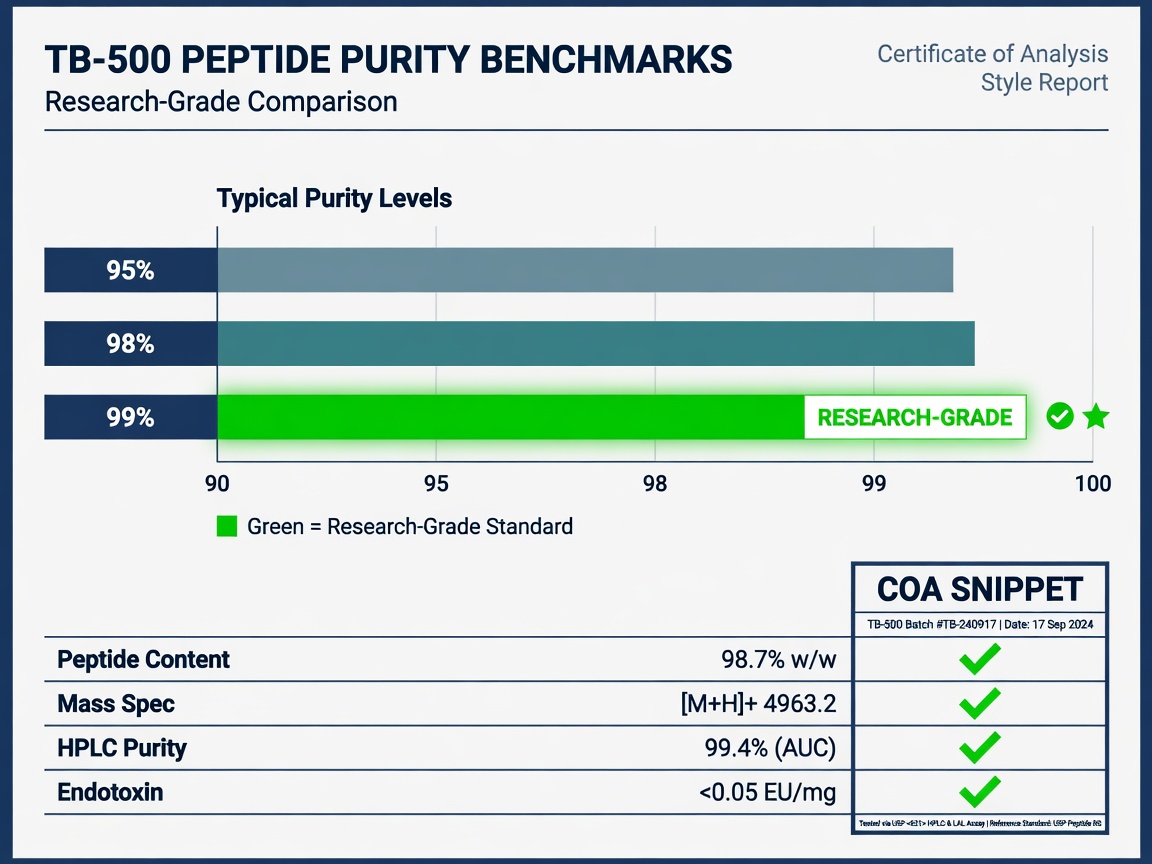 Bar chart and COA table showing TB-500 peptide purity benchmarks with 99 percent highlighted in green.