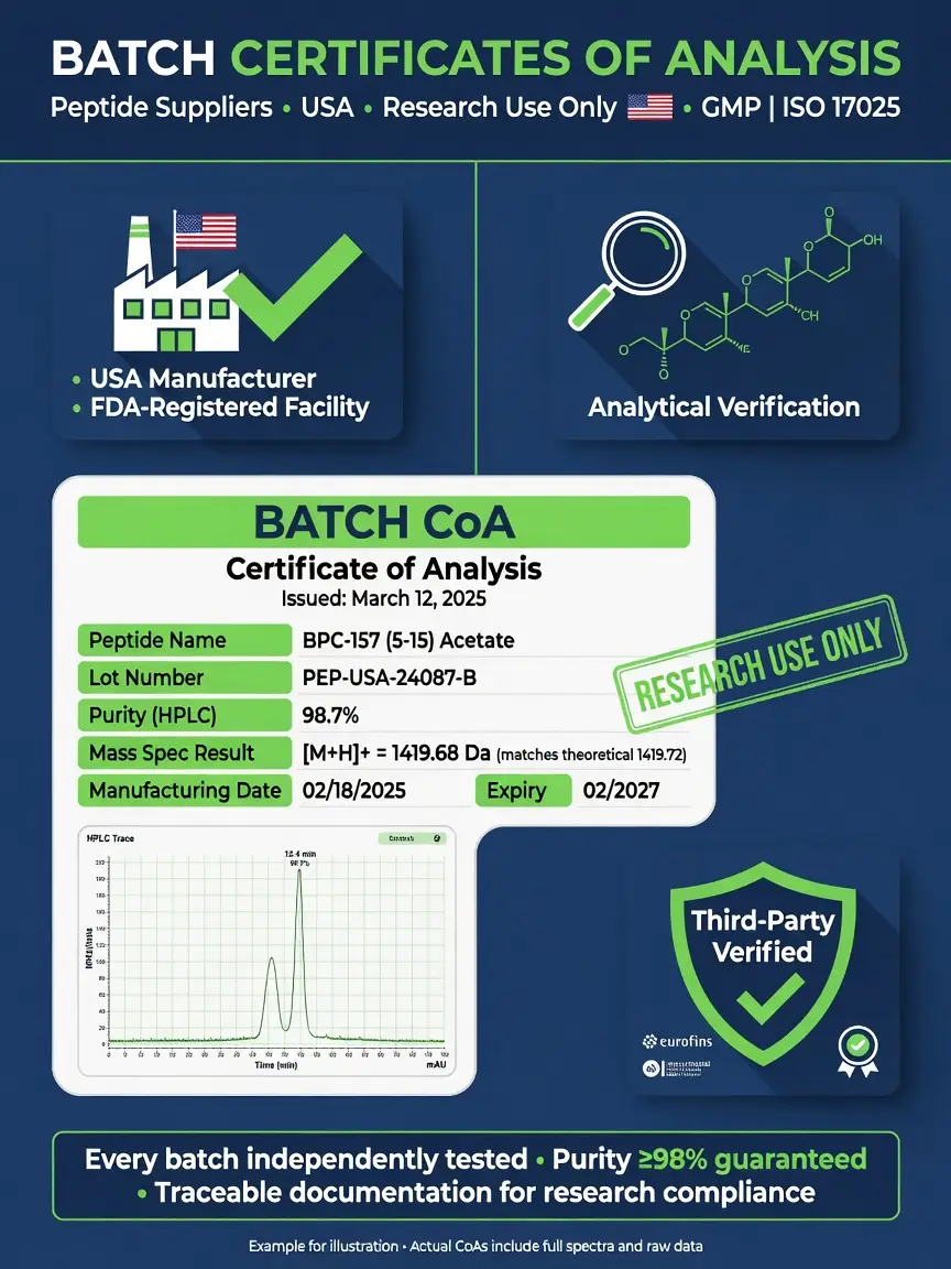 Infographic showing batch CoA elements for peptide suppliers in the usa, including purity, mass spec, and HPLC data.