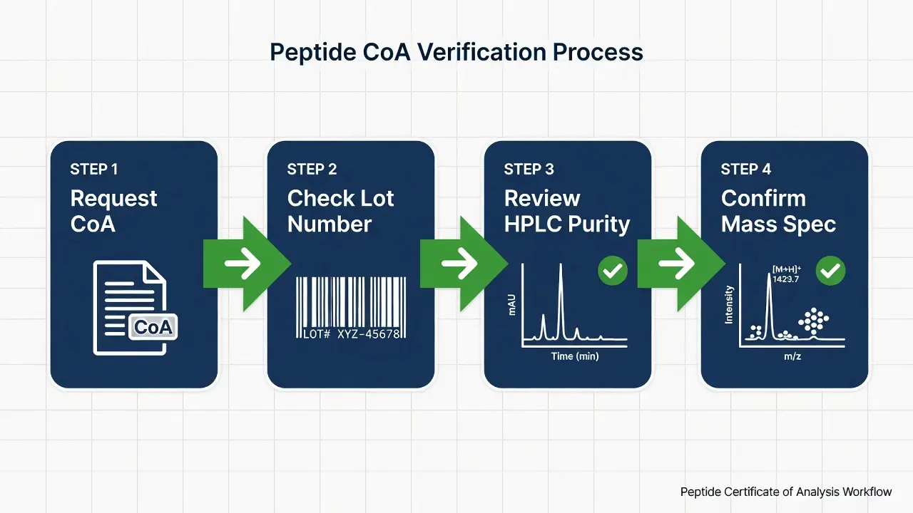 Flowchart showing four steps to verify a peptide CoA: request, check lot, review HPLC, confirm mass spec.