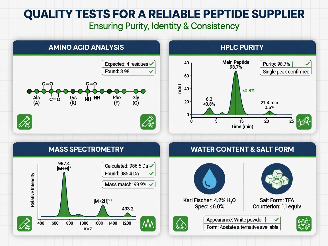 Grid infographic showing four peptide quality tests: amino acid analysis, HPLC, mass spectrometry, and water content.