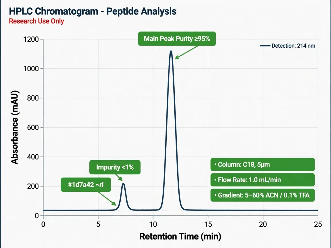 HPLC chromatogram diagram with labeled main peak, impurity peak, retention time, and purity annotation.
