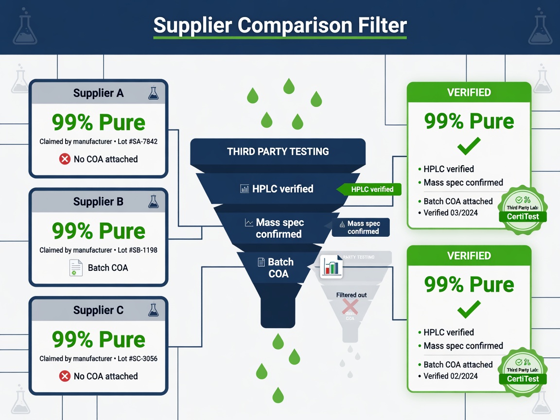 Infographic using third party testing to filter peptide suppliers