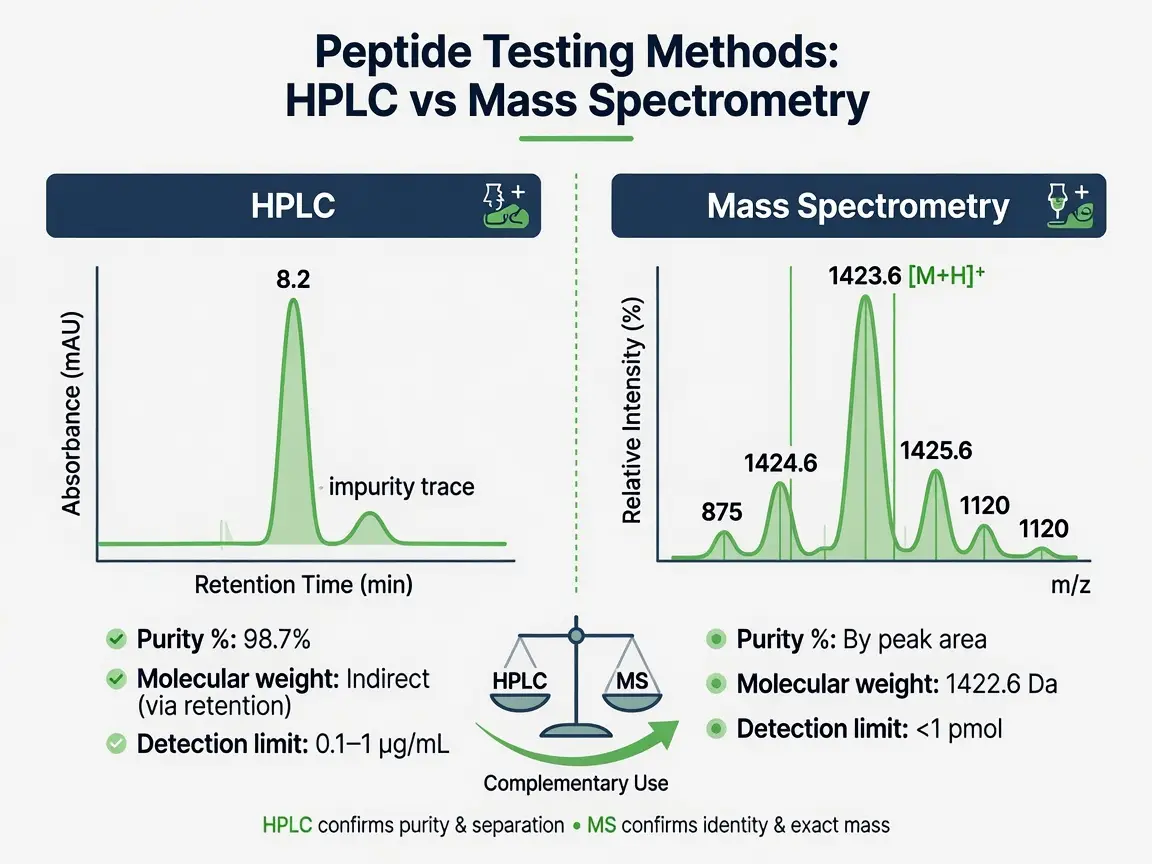 HPLC versus mass spectrometry comparison infographic for peptide purity testing