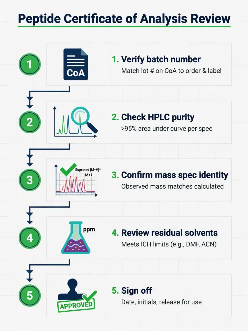 Step-by-step flowchart for reviewing a peptide certificate of analysis