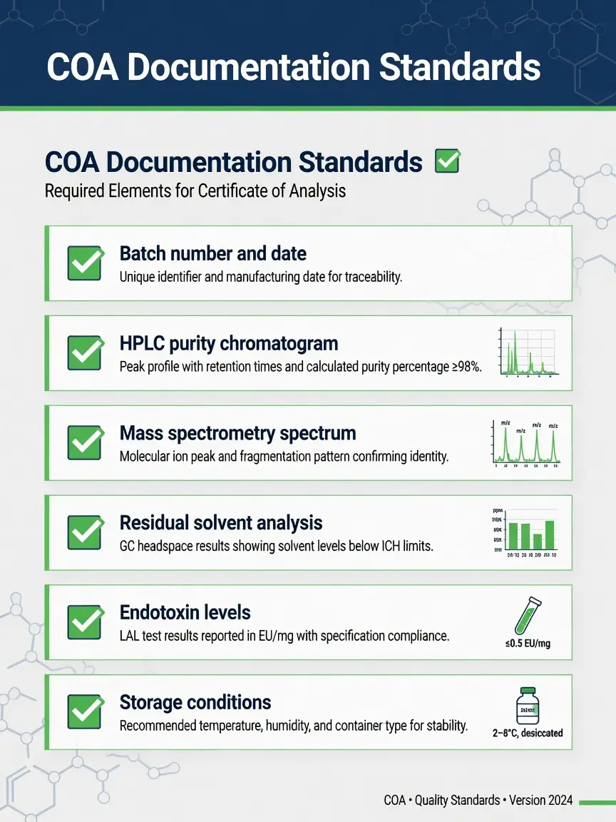 Checklist infographic of essential elements in a peptide certificate of analysis