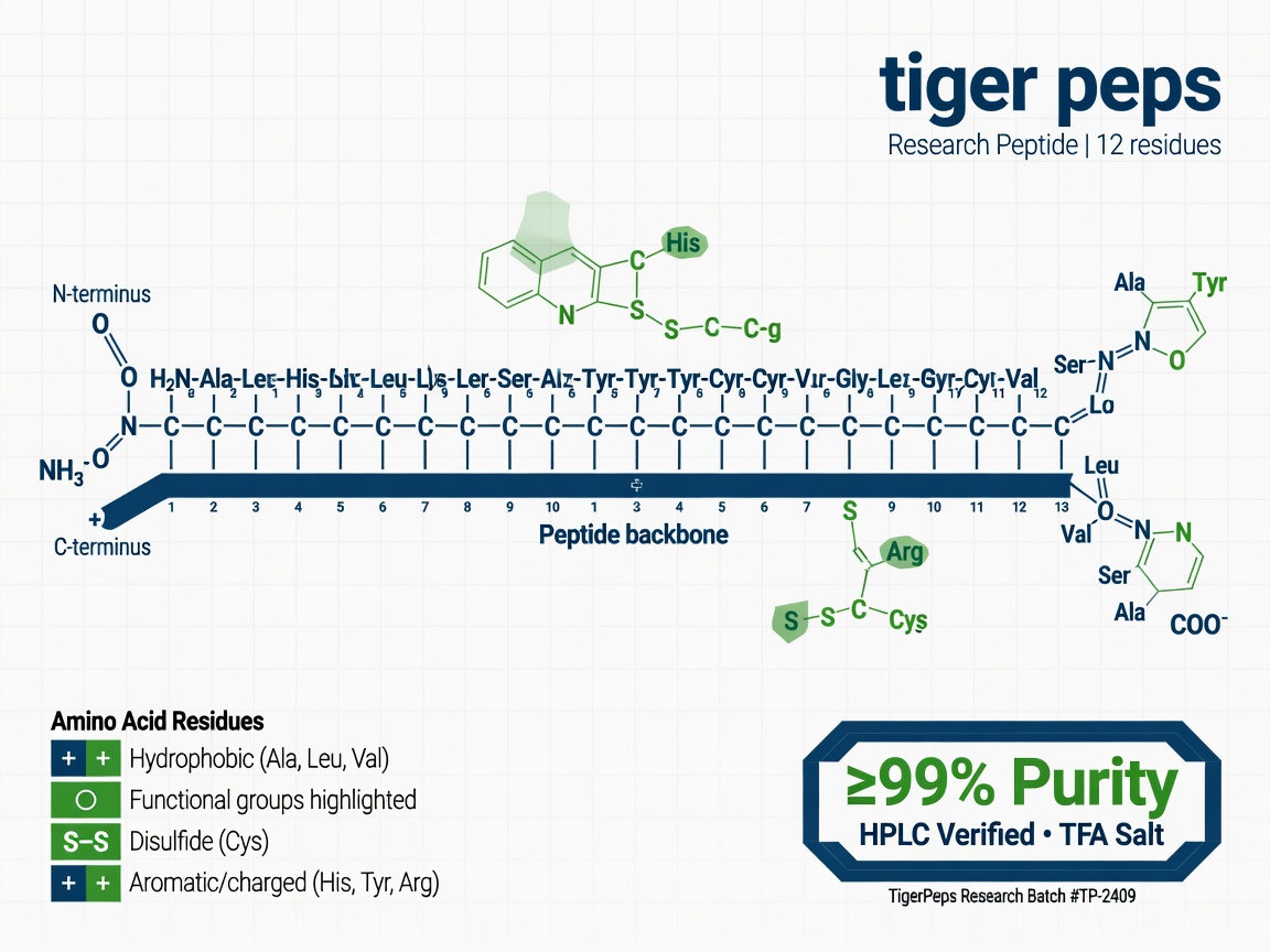 Molecular structure diagram of tiger peps research peptides with labeled amino acid sequence and purity badge.