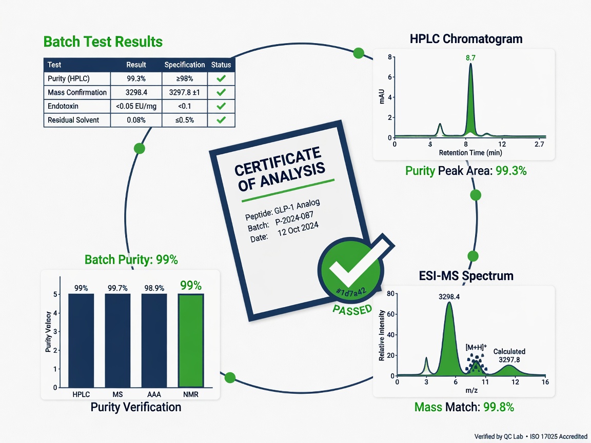 Infographic showing HPLC, mass spectrometry, and purity chart for peptide quality verification.