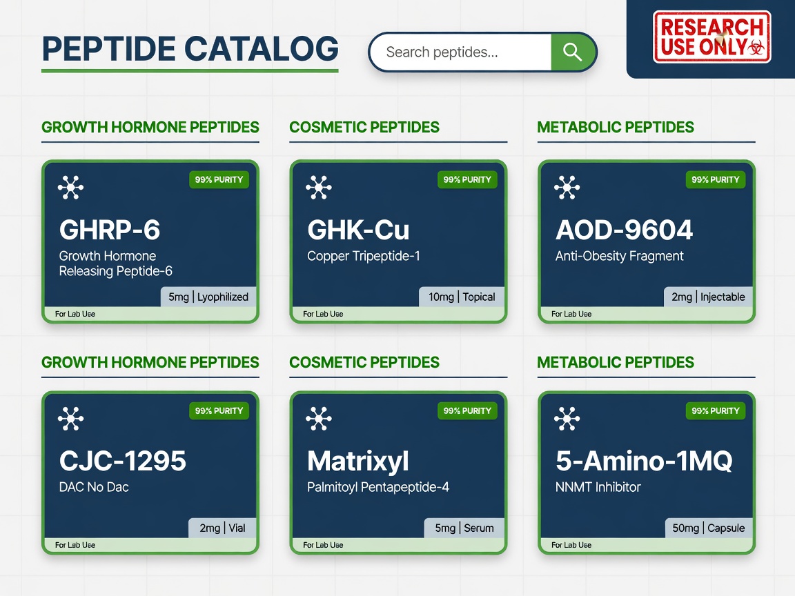 Grid of peptide product cards with purity labels and research use only notice.
