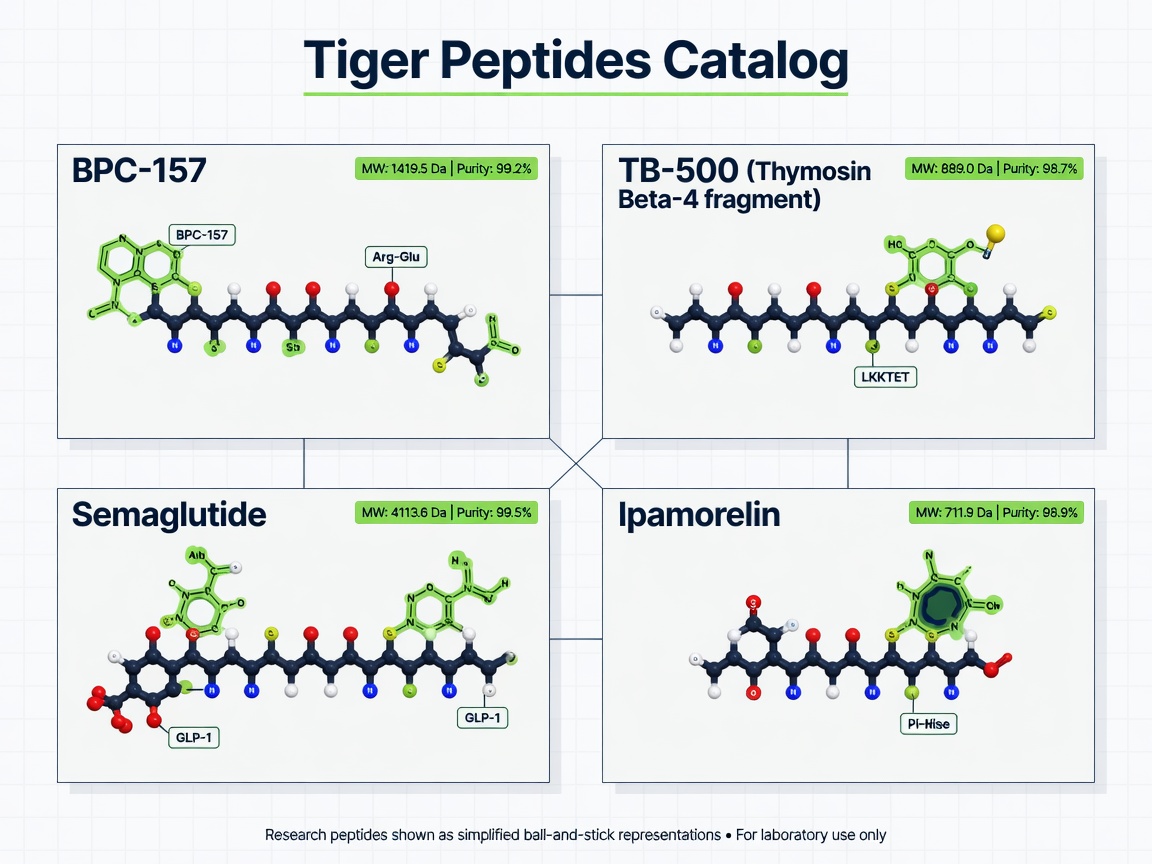 Infographic of tiger peptides catalog showing labeled molecular structures of research peptides with purity data.