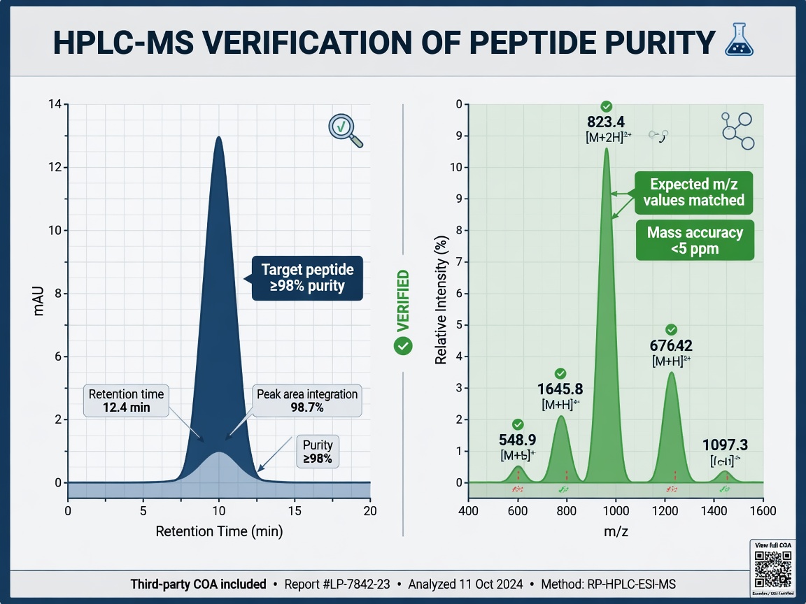 HPLC chromatogram and mass spectrum infographic showing peptide purity verification with labeled peaks and data.