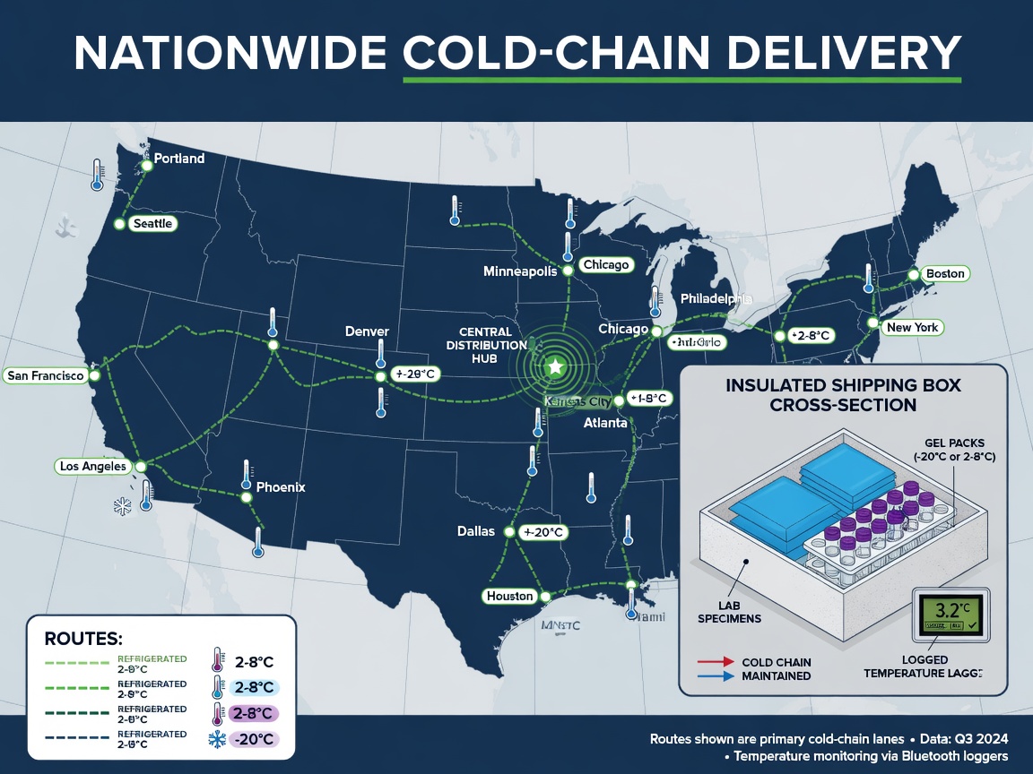 Infographic map of US cold-chain shipping routes with temperature indicators and insulated packaging diagram.