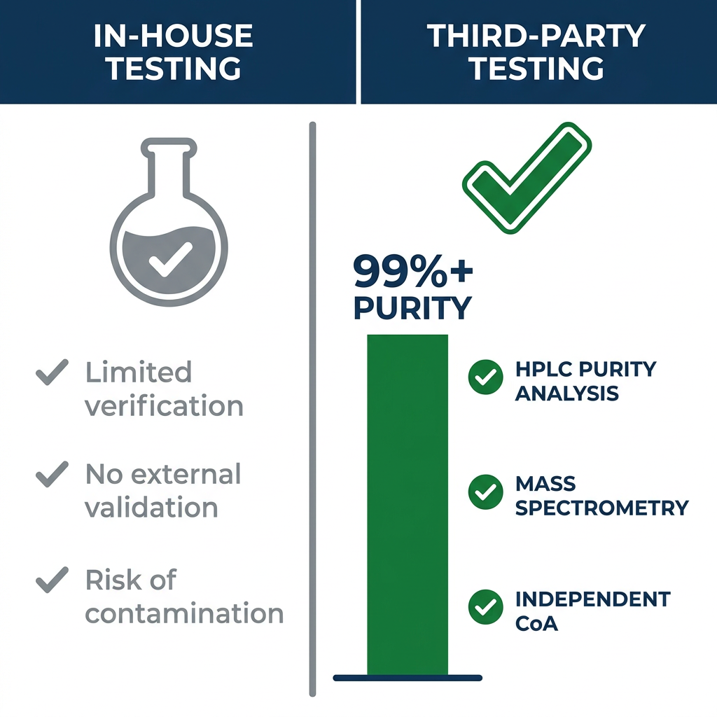 Infographic comparing in-house vs third-party peptide testing with purity bar chart for labs