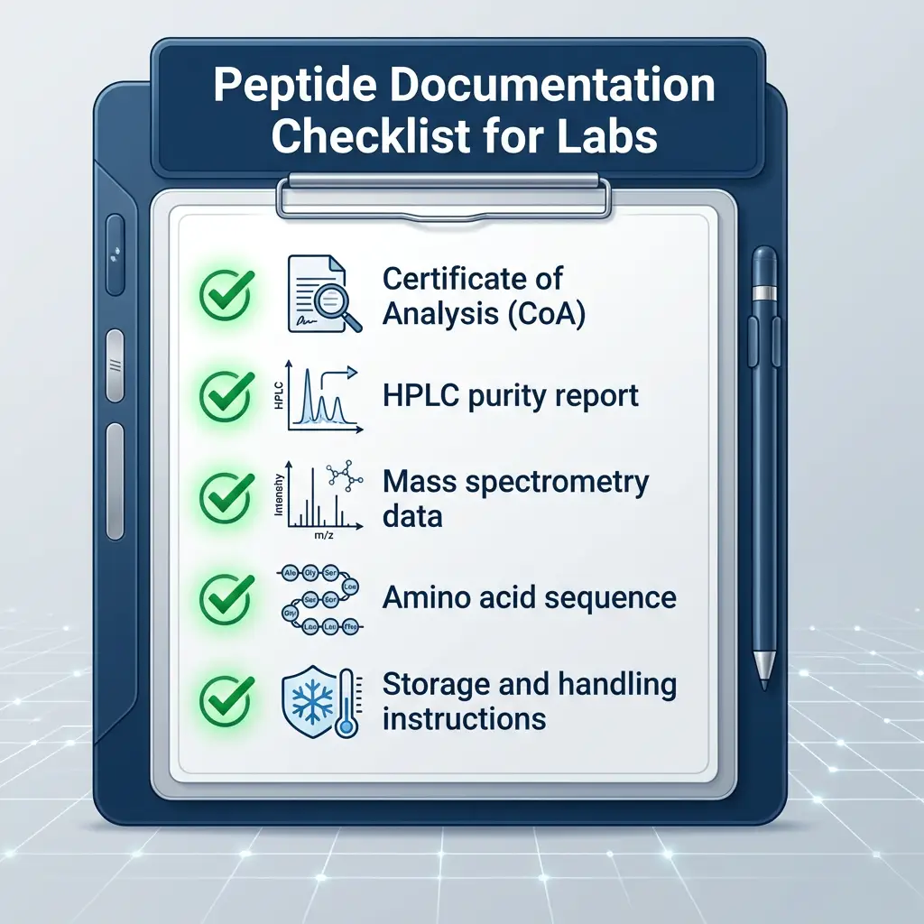 Checklist infographic of peptide documentation for labs including CoA and purity reports
