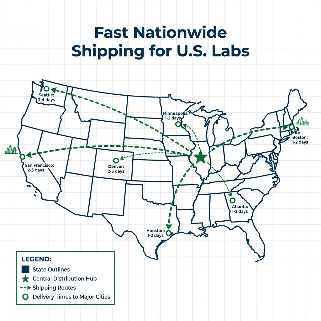 US map infographic showing fast peptide shipping times from central hub to labs nationwide