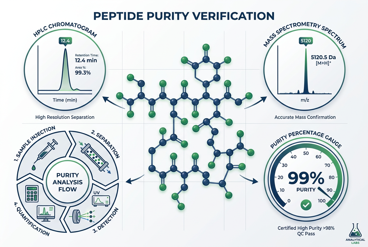 Infographic showing tigerpeptides peptide purity verification with HPLC and mass spectrometry data.