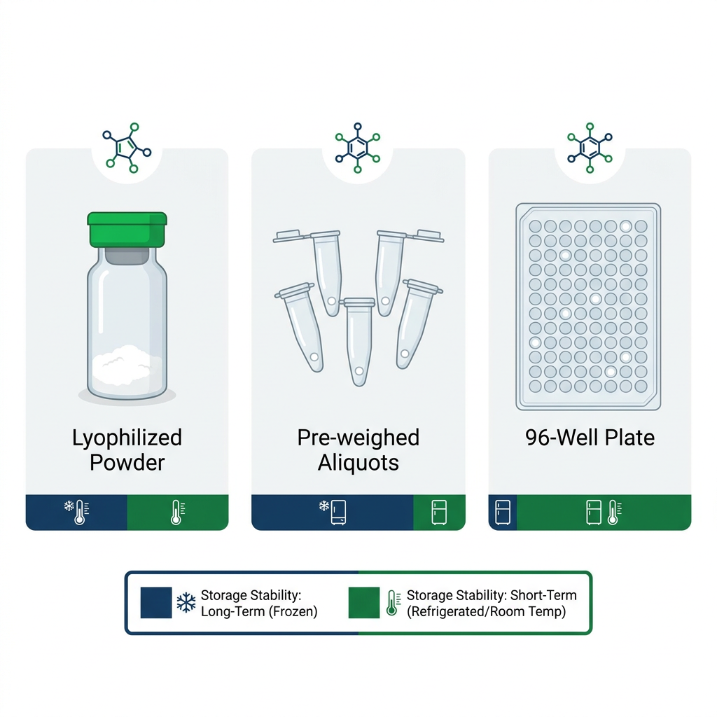Diagram of tigerpeptides peptide formats: vials, tubes, and well plates.