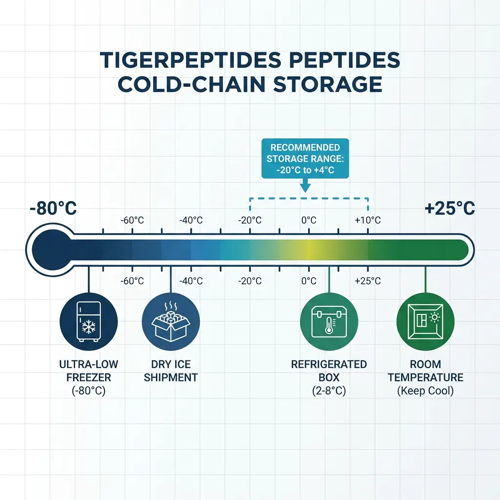Cold-chain storage temperature gradient infographic for tigerpeptides products.