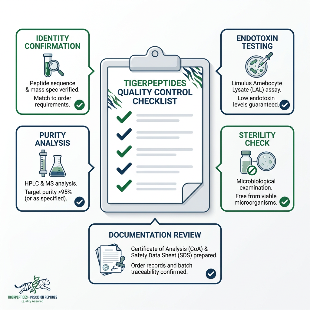 Quality control checklist infographic for tigerpeptides research peptide orders.