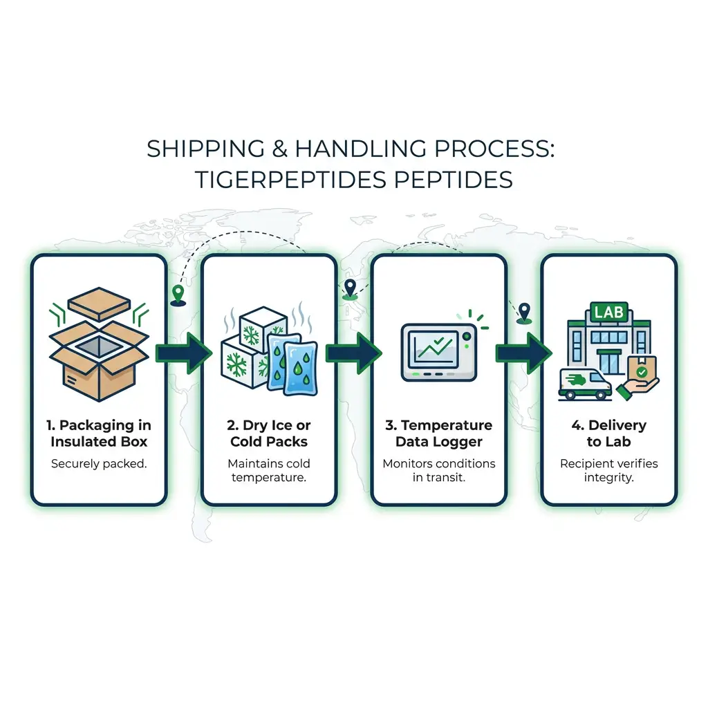 Shipping process infographic for tigerpeptides cold-chain peptide delivery.