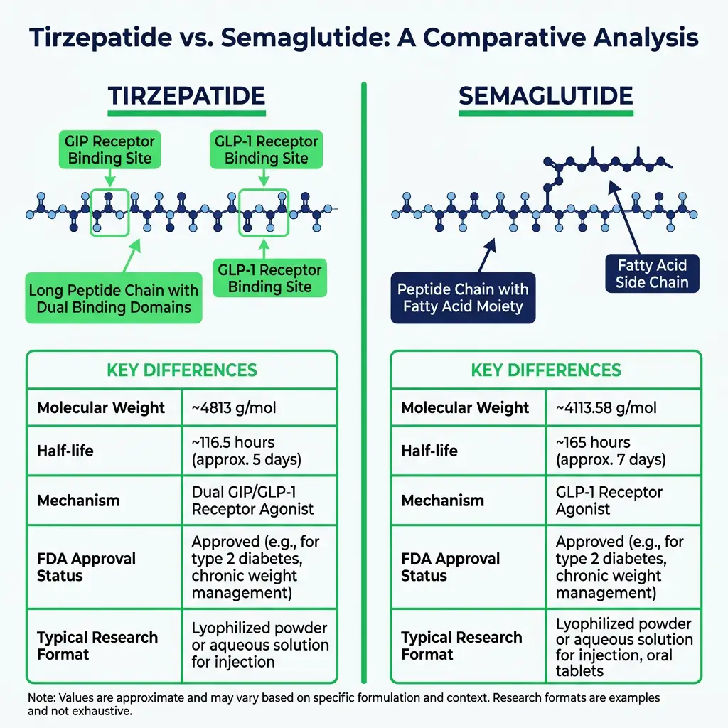 Comparison infographic of tirzepatide and semaglutide molecular structures and key research differences