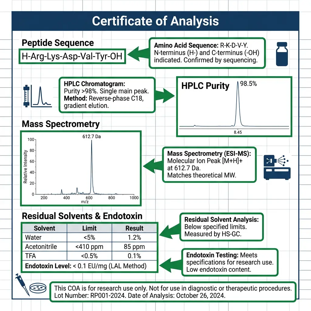 Diagram of a peptide certificate of analysis with labeled purity chromatogram and mass spectrum