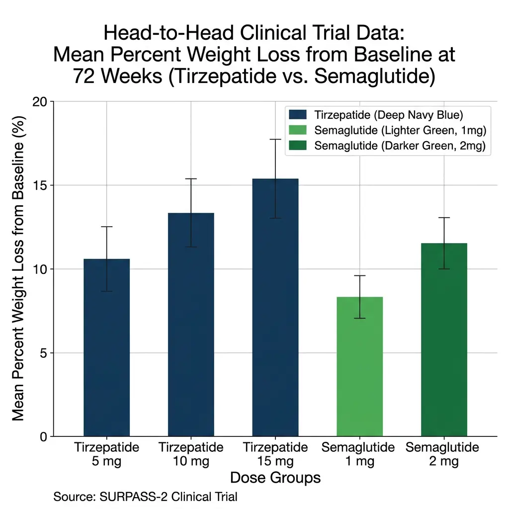Bar chart comparing weight loss efficacy of tirzepatide and semaglutide from clinical trial data