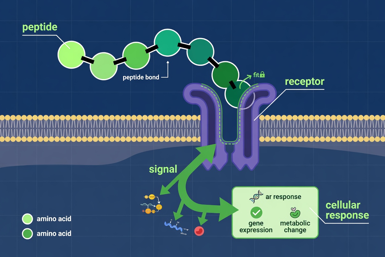 Infographic showing peptides as cellular signaling molecules with receptor binding
