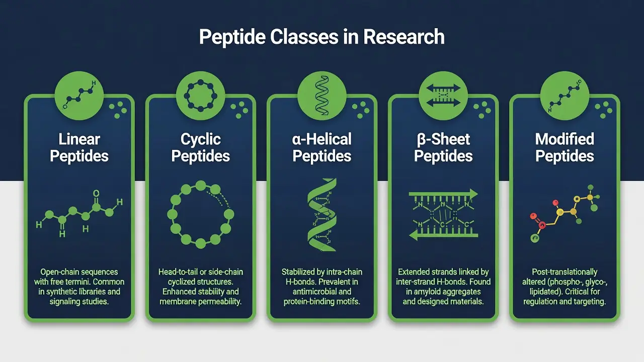 Five peptide classes diagram with molecular icons and labels