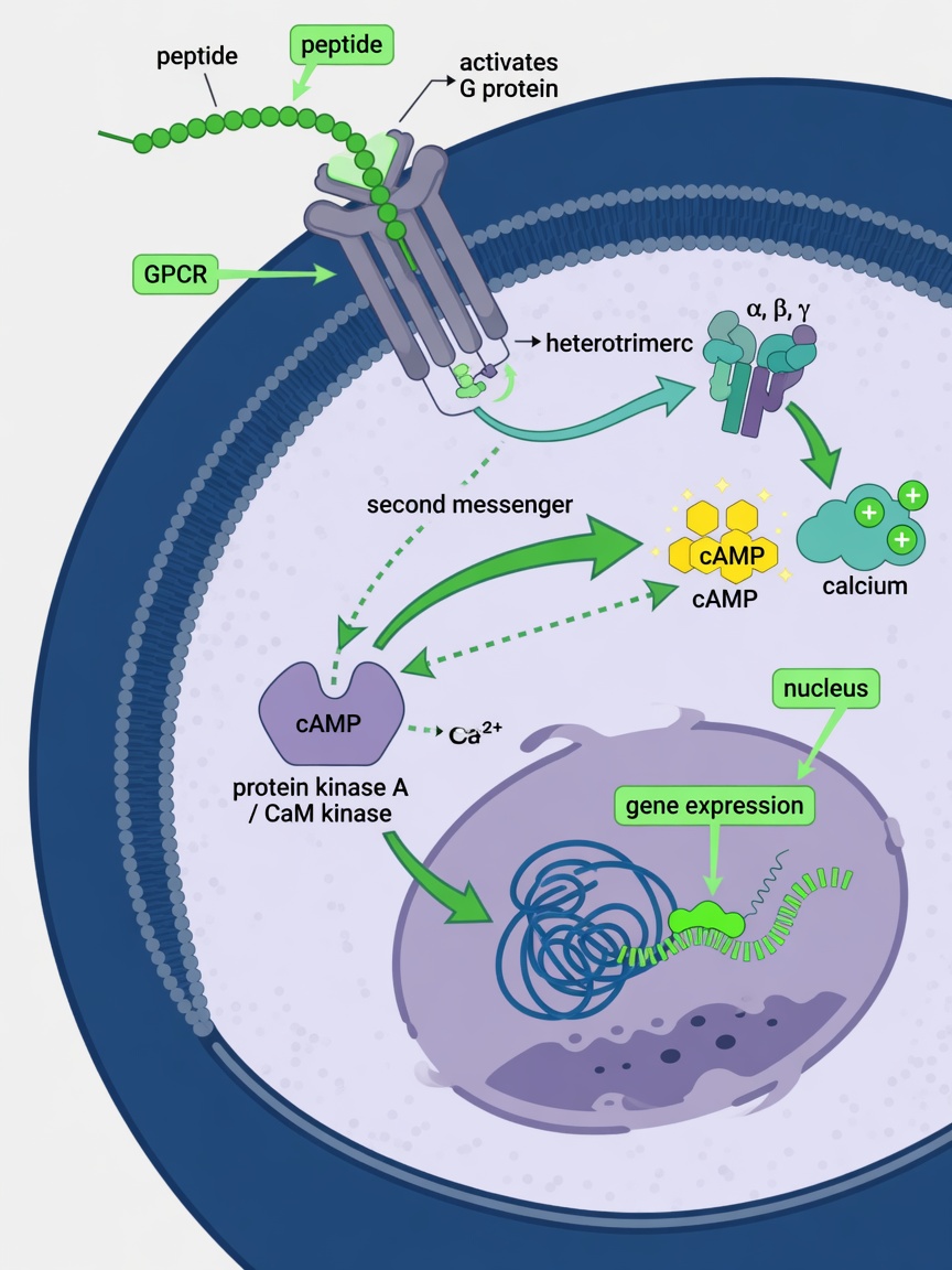 Cellular level peptide signaling pathway diagram with receptors and responses