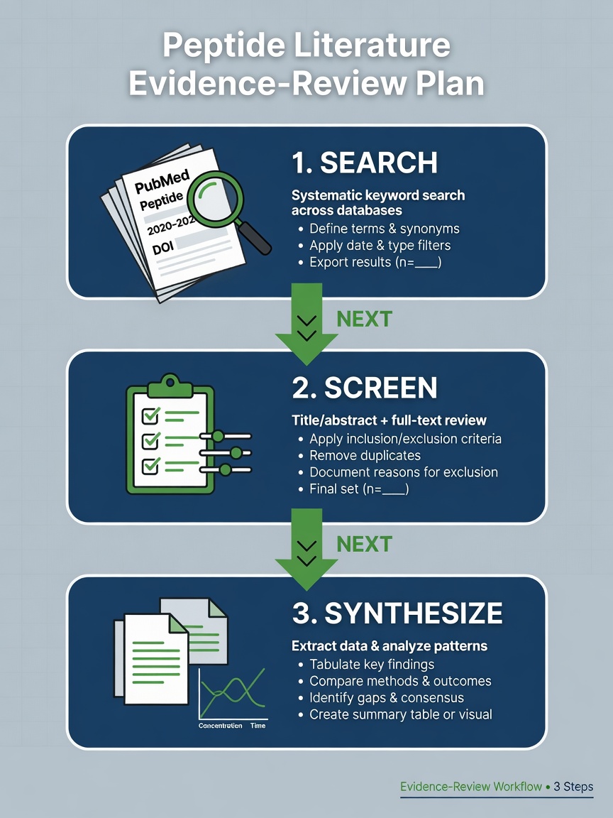 Three-step evidence review plan flowchart for peptide research literature